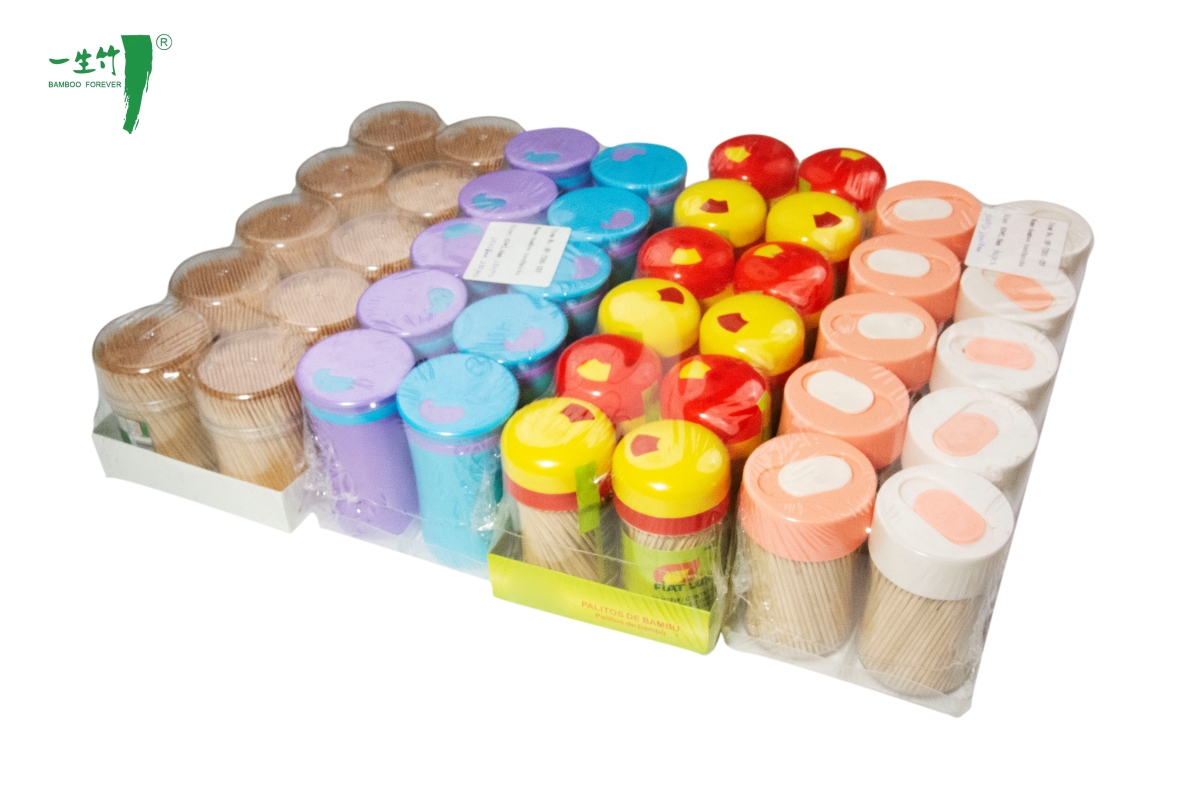 Bamboo Wood Round Toothpicks In Clear Plastic Storage Box